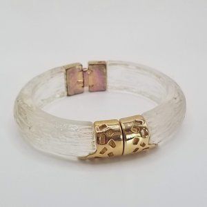 Kara Ross Signed Frosted Textured Lucite & Gold Tone Clamper Bracelet